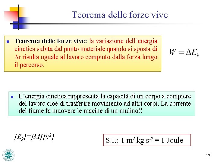 Teorema delle forze vive: la variazione dell’energia cinetica subita dal punto materiale quando si