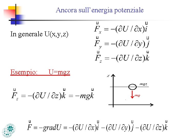 Ancora sull’energia potenziale In generale U(x, y, z) Esempio: U=mgz 