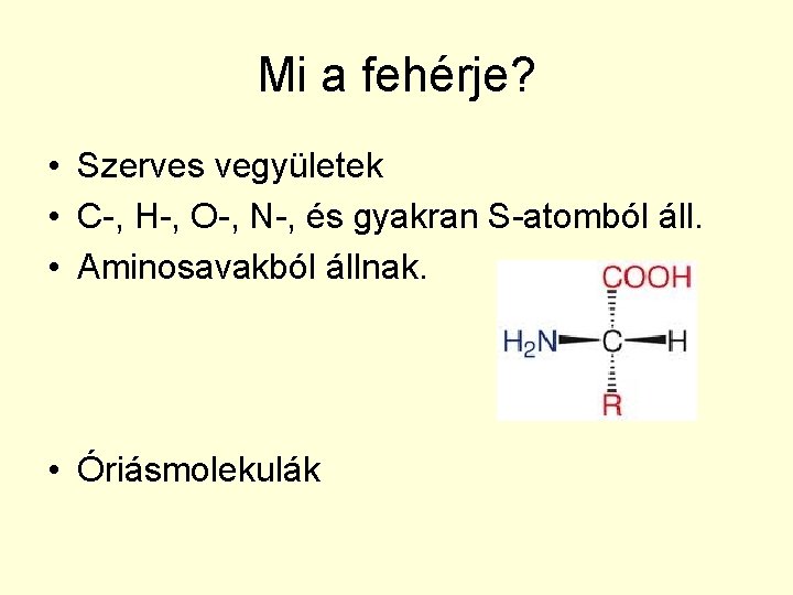 Mi a fehérje? • Szerves vegyületek • C-, H-, O-, N-, és gyakran S-atomból