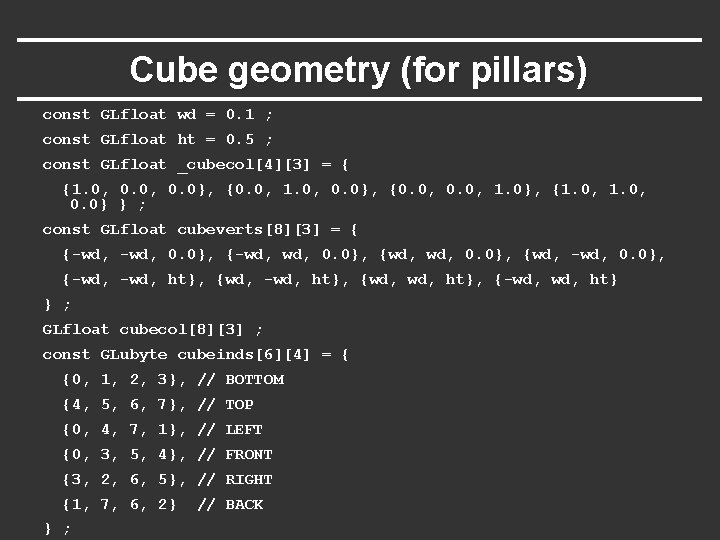 Cube geometry (for pillars) const GLfloat wd = 0. 1 ; const GLfloat ht Cube geometry (for pillars) const GLfloat wd = 0. 1 ; const GLfloat ht