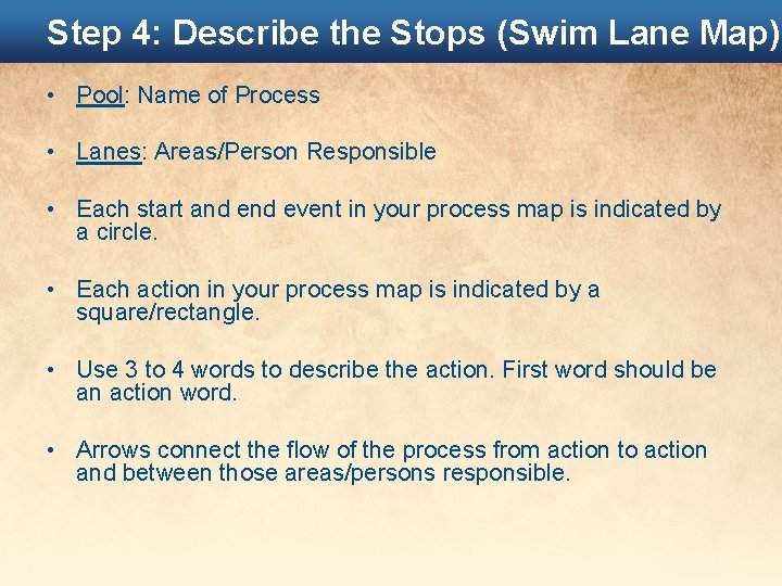 Step 4: Describe the Stops (Swim Lane Map) • Pool: Name of Process •