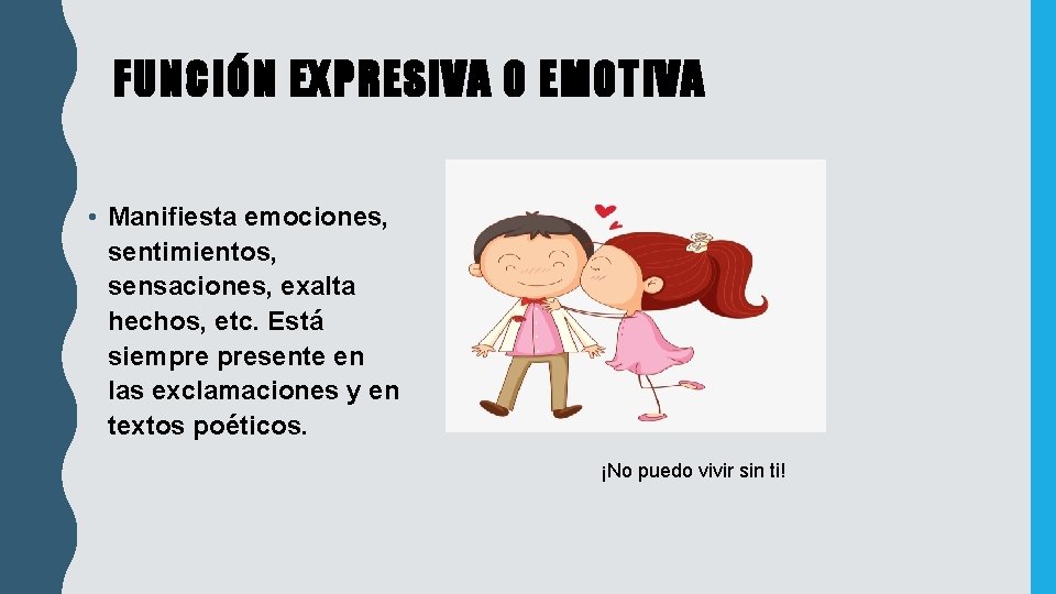 FUNCIÓN EXPRESIVA O EMOTIVA • Manifiesta emociones, sentimientos, sensaciones, exalta hechos, etc. Está siempre FUNCIÓN EXPRESIVA O EMOTIVA • Manifiesta emociones, sentimientos, sensaciones, exalta hechos, etc. Está siempre