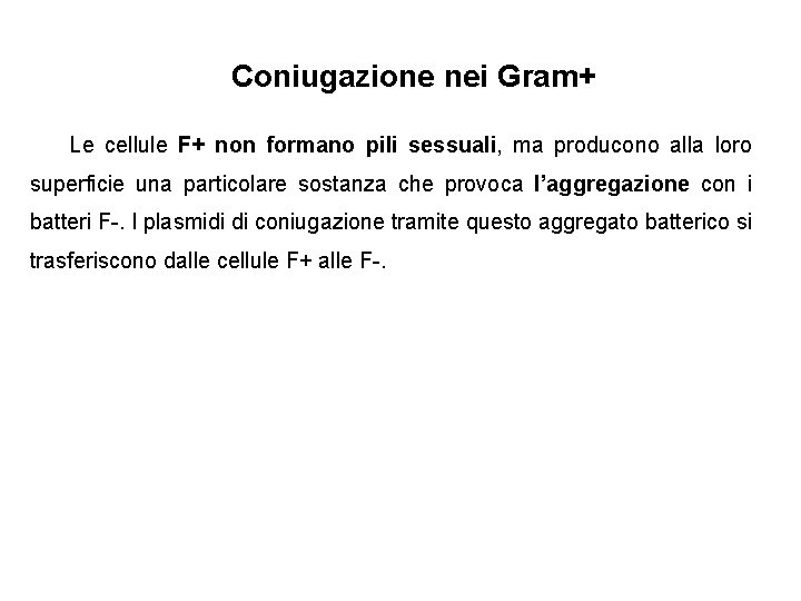 Coniugazione nei Gram+ Le cellule F+ non formano pili sessuali, ma producono alla loro