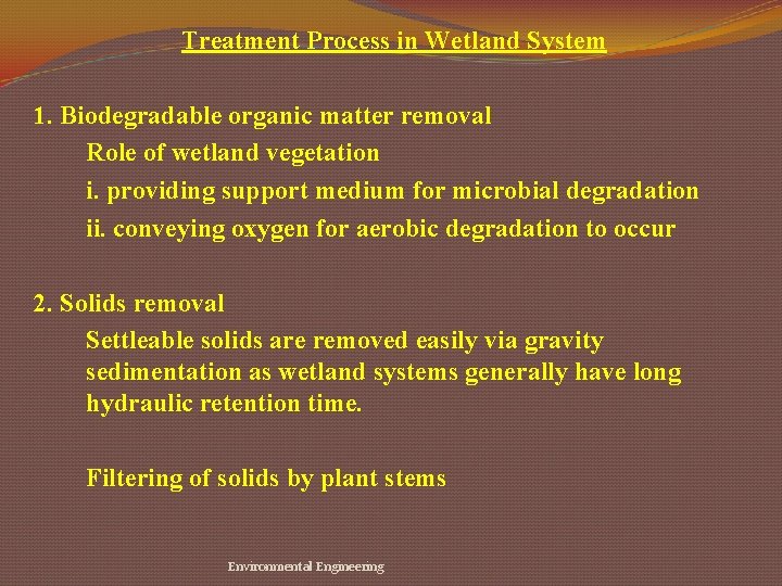 Treatment Process in Wetland System 1. Biodegradable organic matter removal Role of wetland vegetation