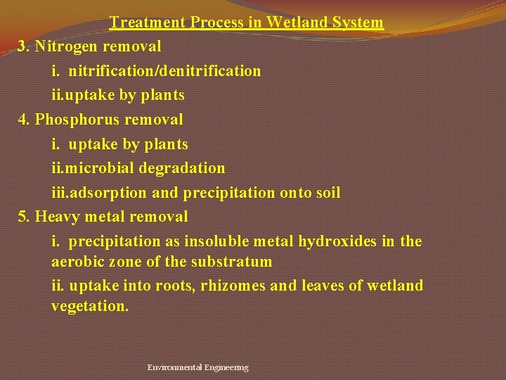 Treatment Process in Wetland System 3. Nitrogen removal i. nitrification/denitrification ii. uptake by plants