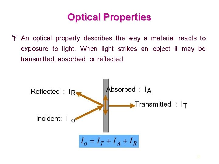 Optical Properties An optical property describes the way a material reacts to exposure to