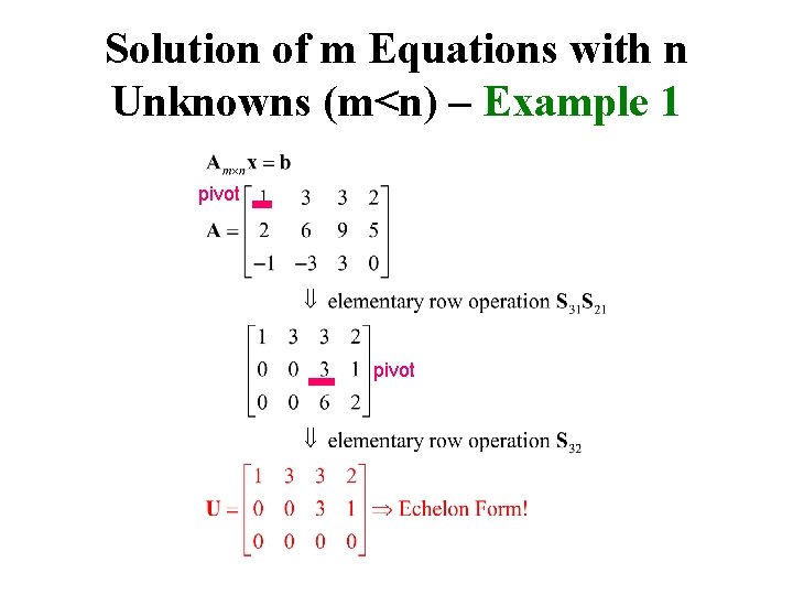 Solution of m Equations with n Unknowns (m<n) – Example 1 pivot 