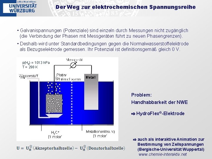 Der Weg zur elektrochemischen Spannungsreihe • Galvanispannungen (Potenziale) sind einzeln durch Messungen nicht zugänglich