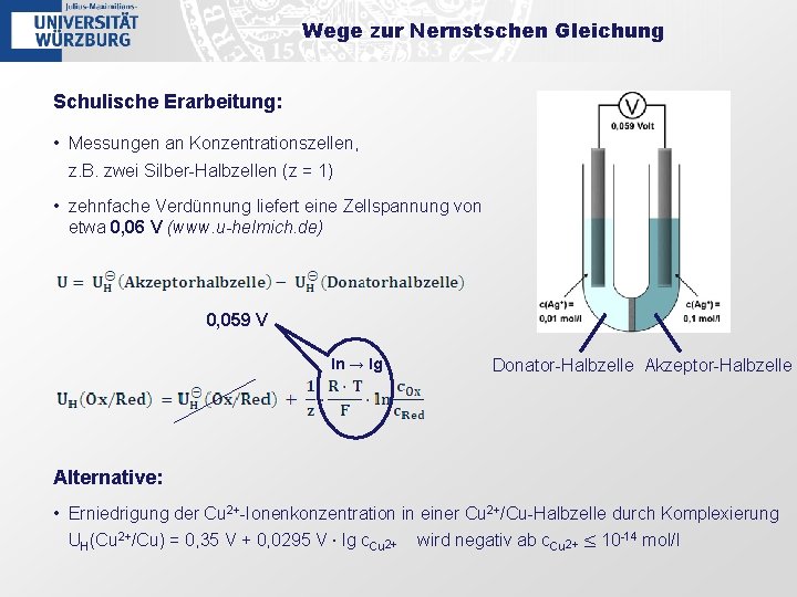 Wege zur Nernstschen Gleichung Schulische Erarbeitung: • Messungen an Konzentrationszellen, z. B. zwei Silber-Halbzellen