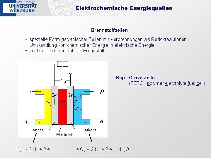 Elektrochemische Energiequellen Brennstoffzellen • spezielle Form galvanischer Zellen mit Verbrennungen als Redoxreaktionen • Umwandlung