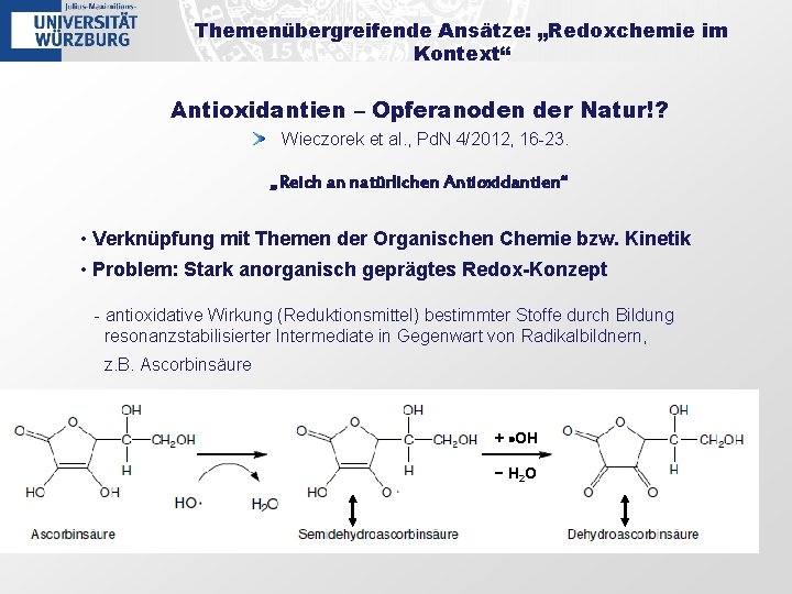 Themenübergreifende Ansätze: „Redoxchemie im Kontext“ Antioxidantien – Opferanoden der Natur!? Wieczorek et al. ,