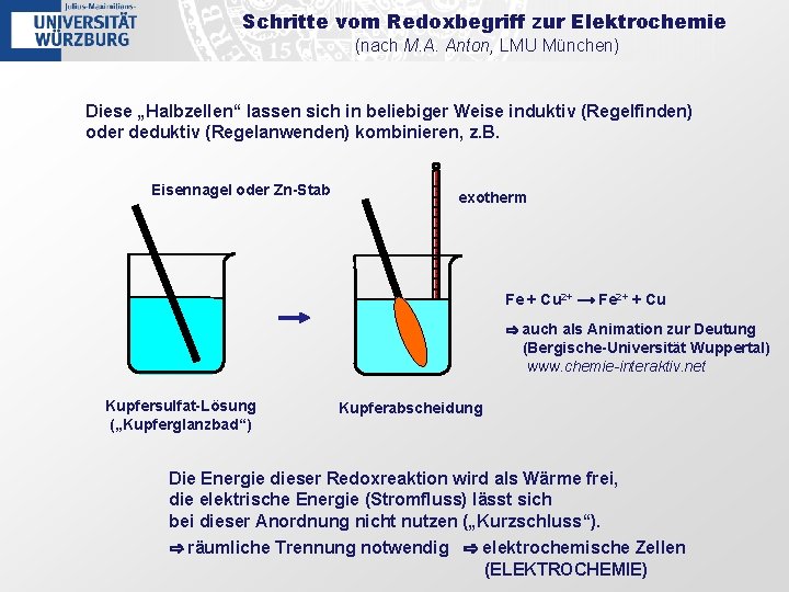 Schritte vom Redoxbegriff zur Elektrochemie (nach M. A. Anton, LMU München) Diese „Halbzellen“ lassen