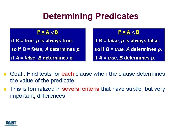 Determining Predicates P=A B n n P=A B if B = true, p is