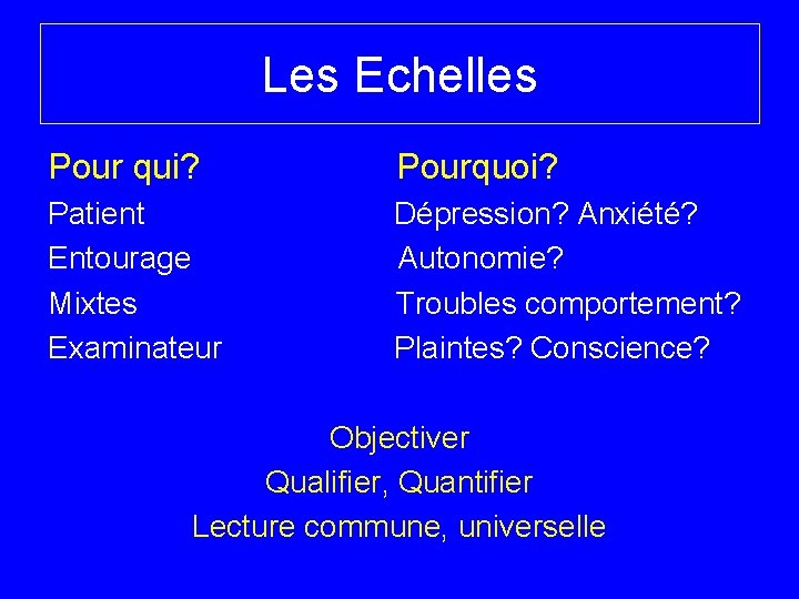 Les Echelles Pour qui? Pourquoi? Patient Dépression? Anxiété? Entourage Autonomie? Mixtes Troubles comportement? Examinateur