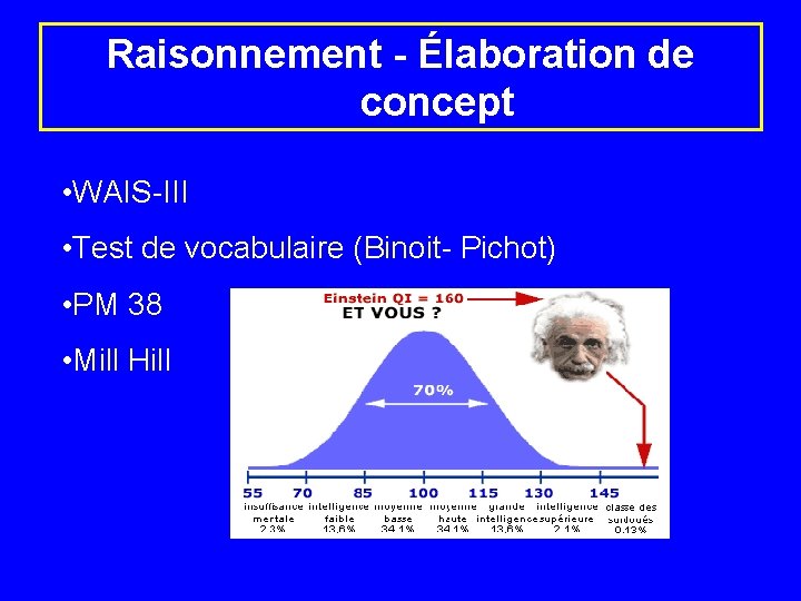 Raisonnement - Élaboration de concept • WAIS-III • Test de vocabulaire (Binoit- Pichot) •