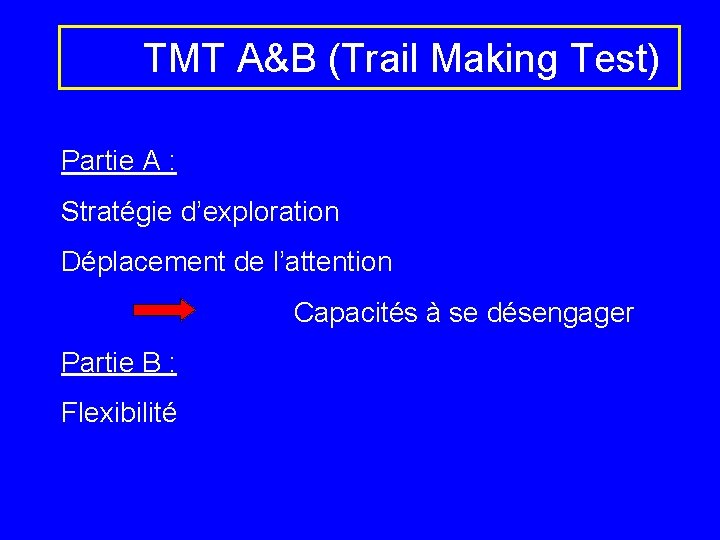 TMT A&B (Trail Making Test) Partie A : Stratégie d’exploration Déplacement de l’attention Capacités