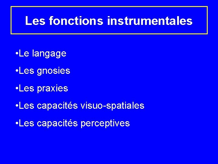 Les fonctions instrumentales • Le langage • Les gnosies • Les praxies • Les