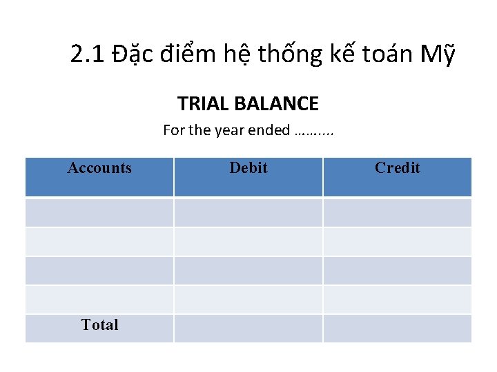 2. 1 Đặc điểm hệ thống kế toán Mỹ TRIAL BALANCE For the year