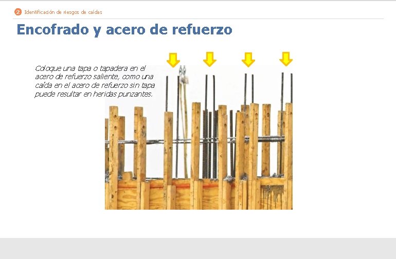 2 Identificación de riesgos de caídas Encofrado y acero de refuerzo Coloque una tapa