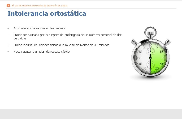 3 El uso de sistemas personales de detención de caídas Intolerancia ortostática • Acumulación