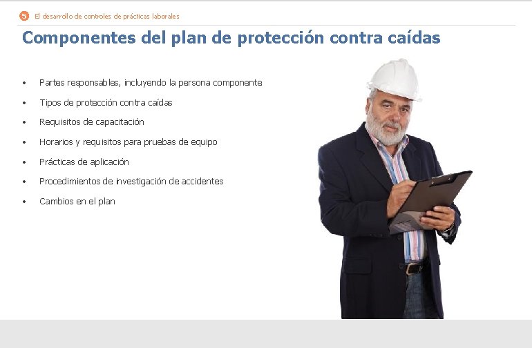 5 El desarrollo de controles de prácticas laborales Componentes del plan de protección contra