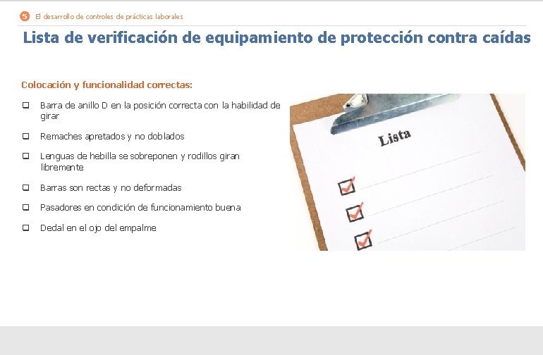 5 El desarrollo de controles de prácticas laborales Lista de verificación de equipamiento de