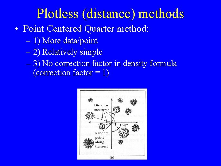 Plotless (distance) methods • Point Centered Quarter method: – 1) More data/point – 2)