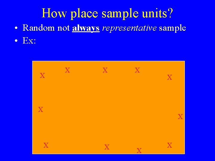 How place sample units? • Random not always representative sample • Ex: X X