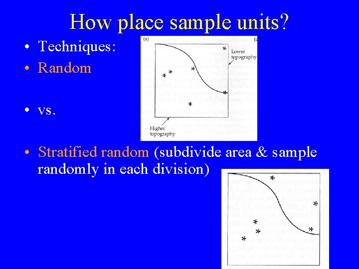 How place sample units? • Techniques: • Random • vs. • Stratified random (subdivide