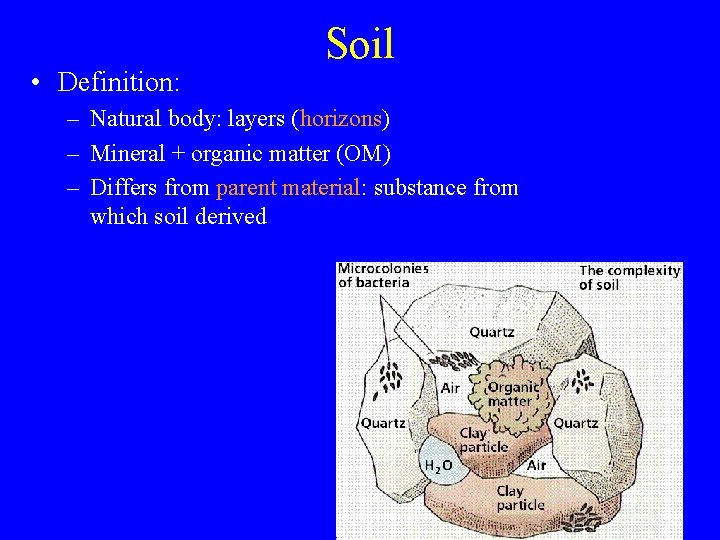  • Definition: Soil – Natural body: layers (horizons) – Mineral + organic matter