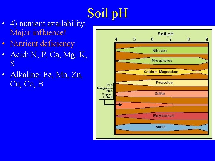 Soil p. H • 4) nutrient availability. Major influence! • Nutrient deficiency: • Acid:
