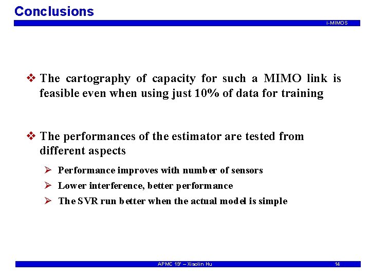 Conclusions i-MIMOS v The cartography of capacity for such a MIMO link is feasible