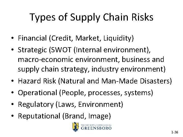 Types of Supply Chain Risks • Financial (Credit, Market, Liquidity) • Strategic (SWOT (Internal