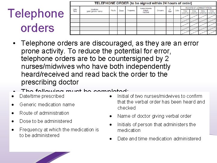 Telephone orders • Telephone orders are discouraged, as they are an error prone activity.