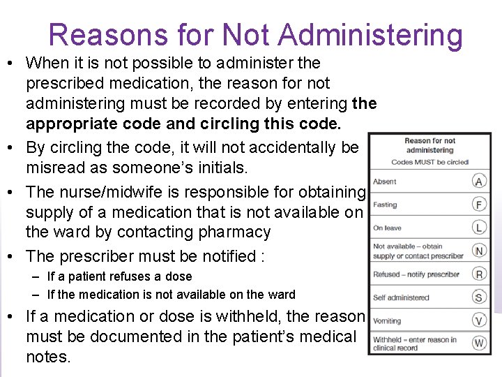 Reasons for Not Administering • When it is not possible to administer the prescribed