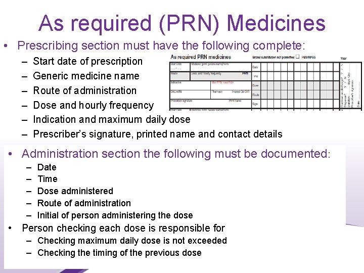 As required (PRN) Medicines • Prescribing section must have the following complete: – –