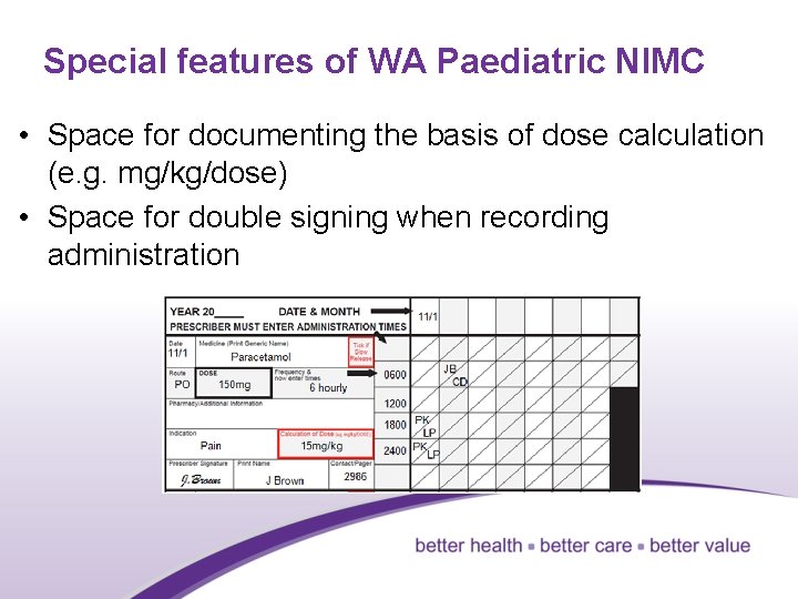 Special features of WA Paediatric NIMC • Space for documenting the basis of dose