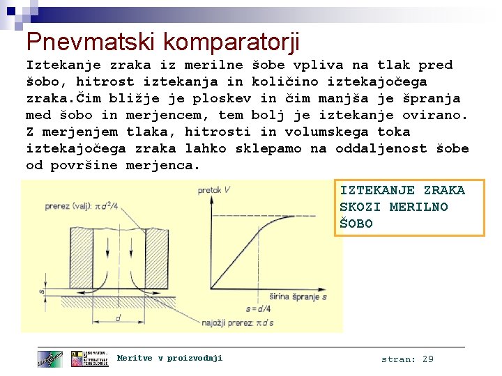 Pnevmatski komparatorji Iztekanje zraka iz merilne šobe vpliva na tlak pred šobo, hitrost iztekanja