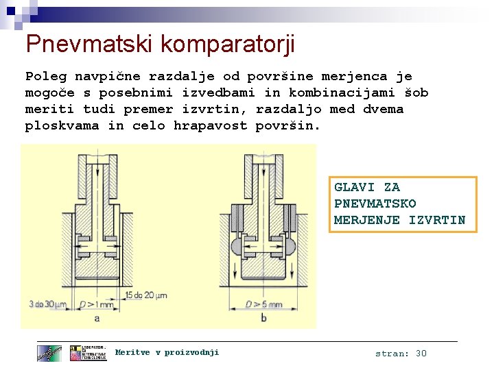 Pnevmatski komparatorji Poleg navpične razdalje od površine merjenca je mogoče s posebnimi izvedbami in