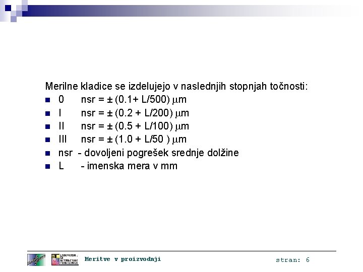 Merilne kladice se izdelujejo v naslednjih stopnjah točnosti: n 0 nsr = ± (0.