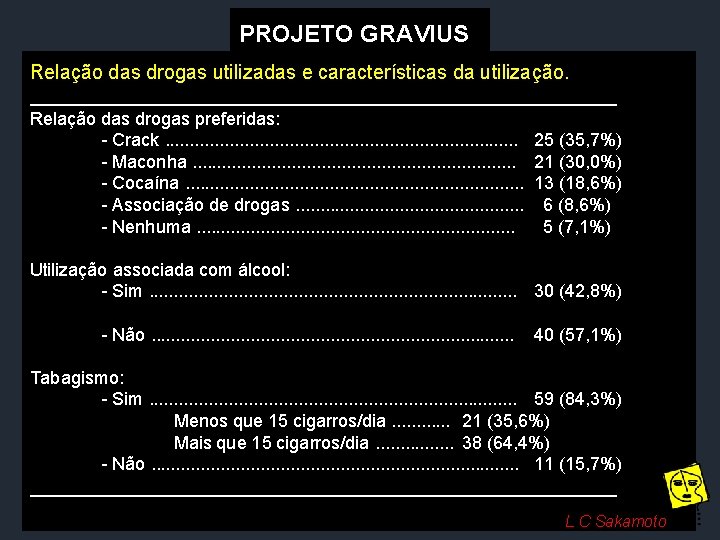 PROJETO GRAVIUS Relação das drogas utilizadas e características da utilização. ______________________________ Relação das drogas