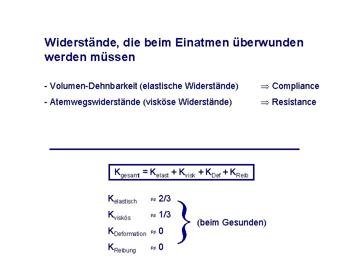 Widerstände, die beim Einatmen überwunden werden müssen - Volumen-Dehnbarkeit (elastische Widerstände) Compliance - Atemwegswiderstände