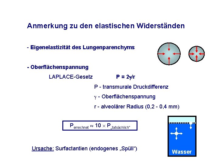 Anmerkung zu den elastischen Widerständen - Eigenelastizität des Lungenparenchyms - Oberflächenspannung LAPLACE-Gesetz P =