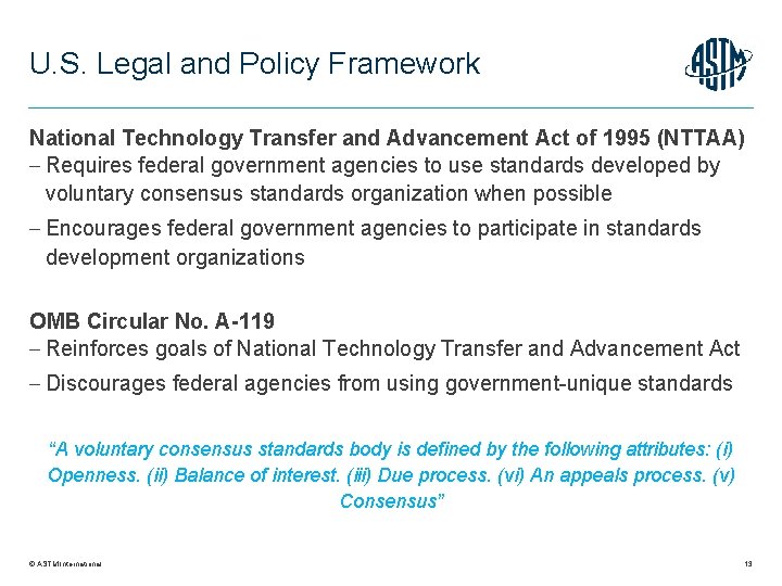 U. S. Legal and Policy Framework National Technology Transfer and Advancement Act of 1995