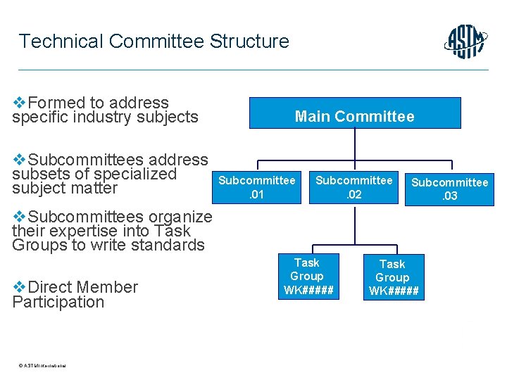 Technical Committee Structure v. Formed to address specific industry subjects Main Committee v. Subcommittees