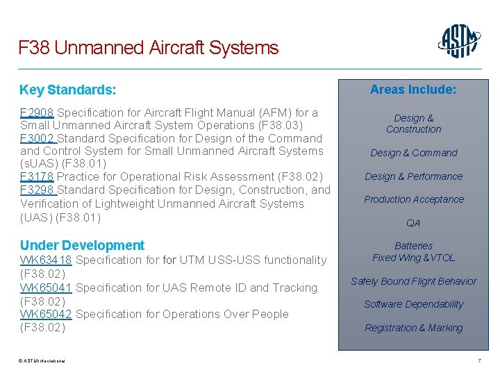F 38 Unmanned Aircraft Systems Key Standards: F 2908 Specification for Aircraft Flight Manual