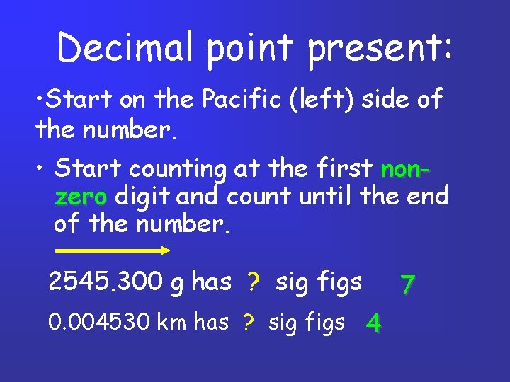 Decimal point present: • Start on the Pacific (left) side of the number. •