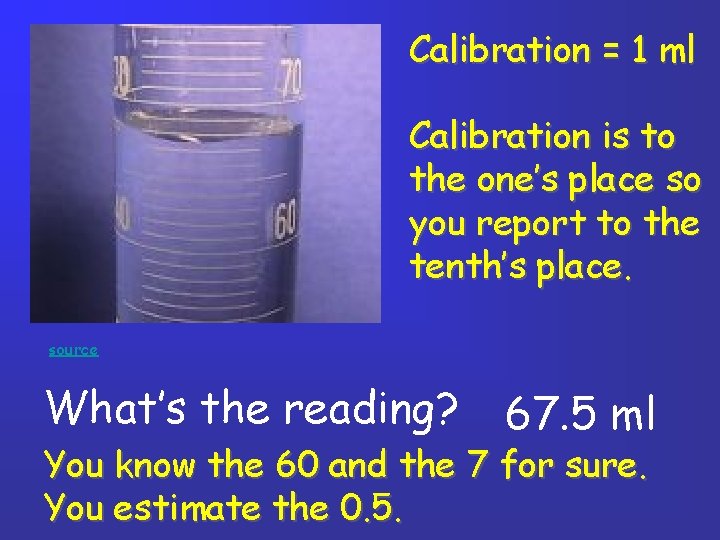 Calibration = 1 ml Calibration is to the one’s place so you report to