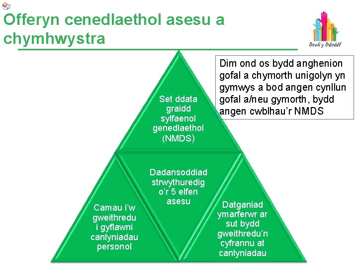 Offeryn cenedlaethol asesu a chymhwystra Set ddata graidd sylfaenol genedlaethol (NMDS) Camau i’w gweithredu