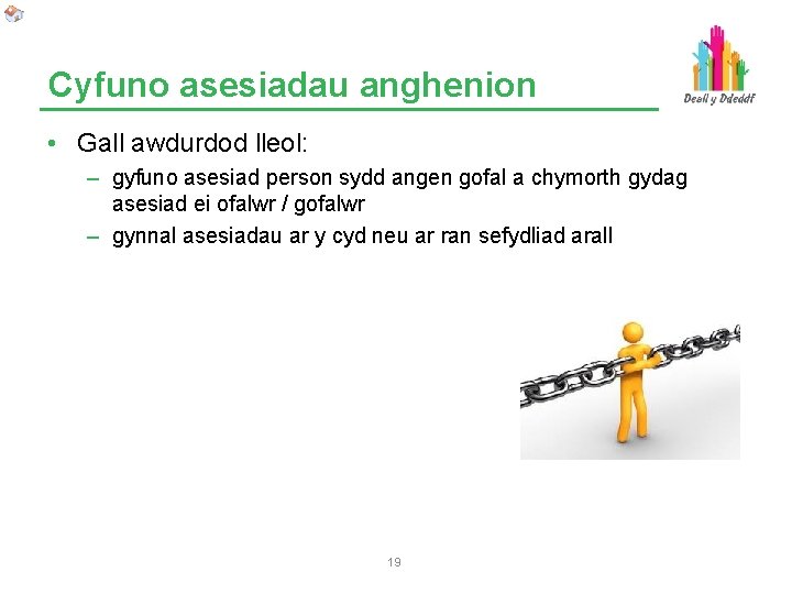 Cyfuno asesiadau anghenion • Gall awdurdod lleol: – gyfuno asesiad person sydd angen gofal